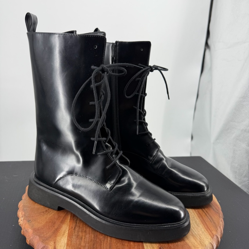 Pilcro Stompy Lace-Up Boots glossy black leather side zip chunky lug sole 38 7.5
